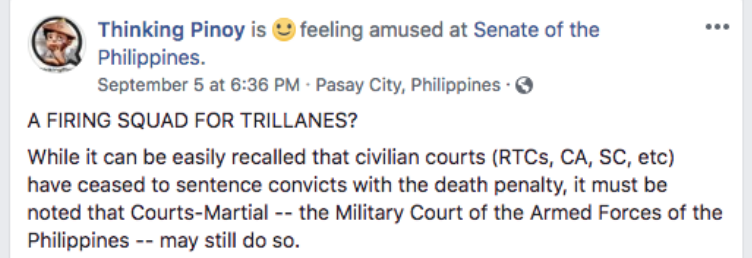 Facebook dit que cet article sur un peloton de licenciement pour un sénateur philippin ne viole pas ses règles