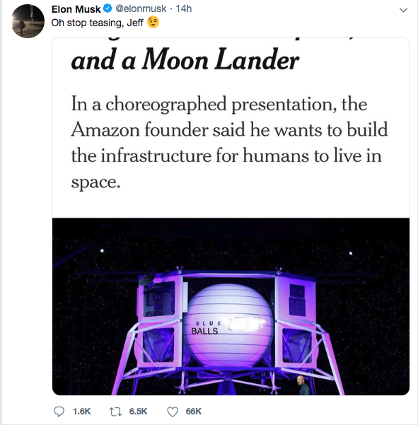 Elonas Muskas pasijuokė iš Jeffo Bezoso mėnulio planų