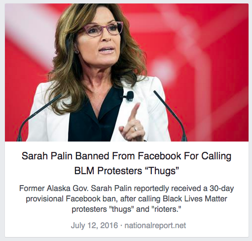 Les gens pensent que Facebook a interdit à Sarah Palin d'avoir qualifié Black Lives Matter de «voyous»